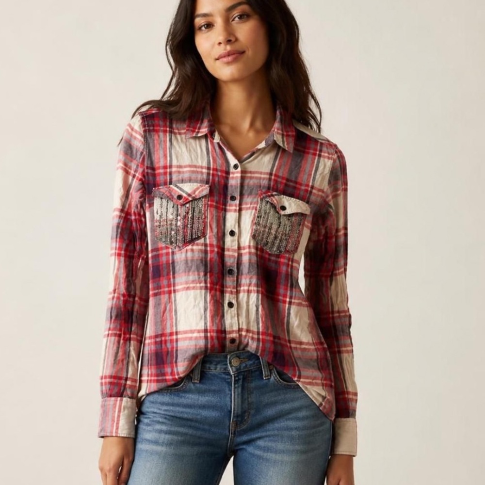 Mudd Plaid Southwest Longsleeve Shirt with Sequin Pockets Juniors Large Size 9